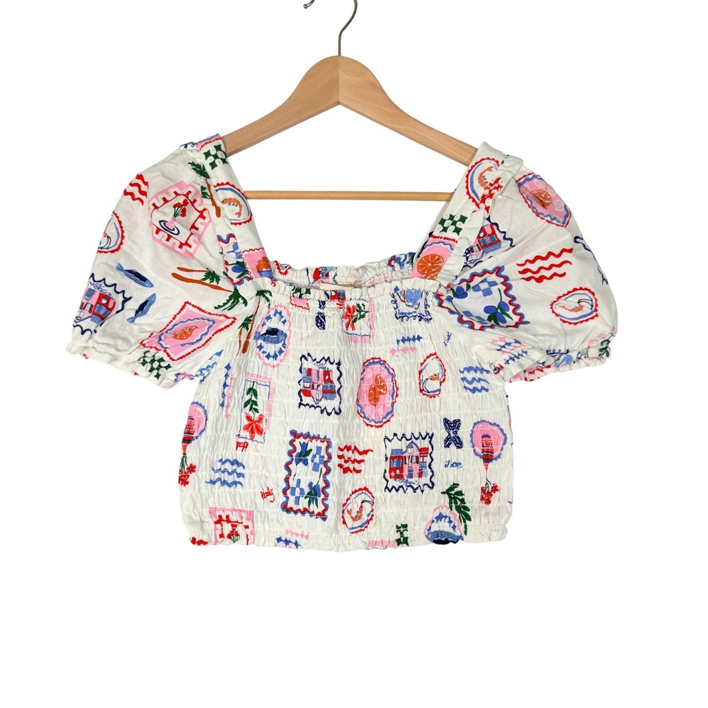 Monteau Los Angeles Linen Blend Smocked Stamp Print Puff Sleeve Crop Top Small